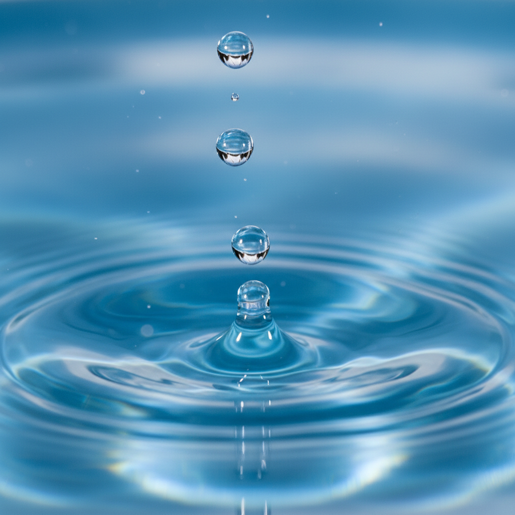 Crystal clear water droplets falling into pure blue water surface