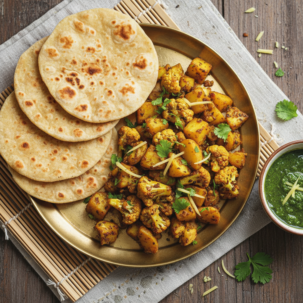 Aloo gobi dry sabzi with rotis and green chutney