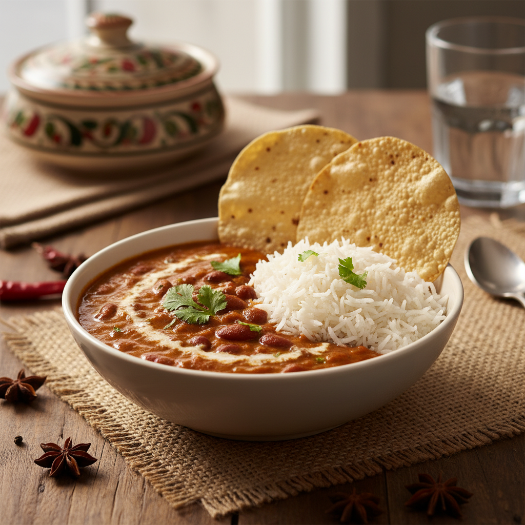 Rajma kidney bean curry served over basmati rice with raita