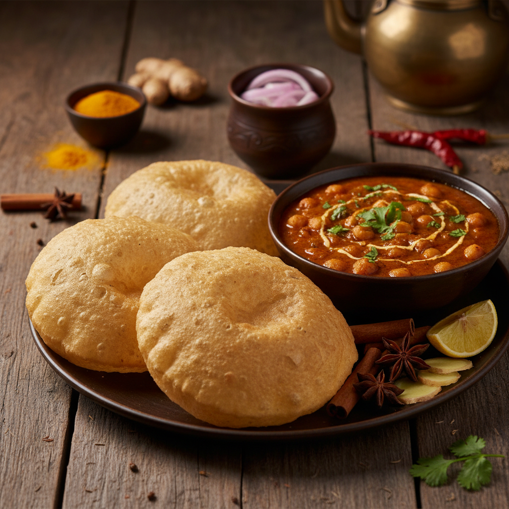 Chole bhature with fried fluffy bhatura and spiced chickpea curry