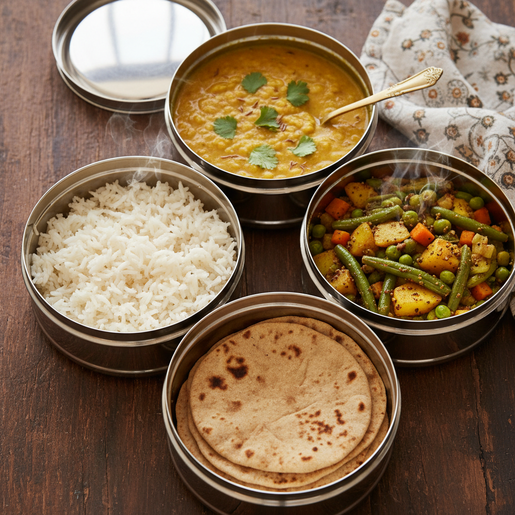 Freshly prepared Indian lunch thali with dal, sabzi, roti and rice in stainless steel containers