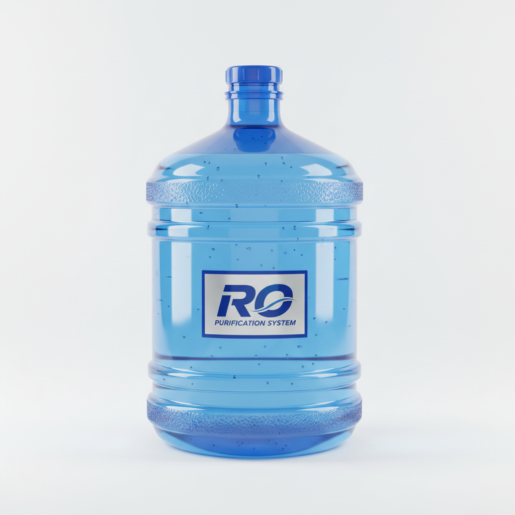 Clear blue 20L water jar with RO purification badge on clean white surface