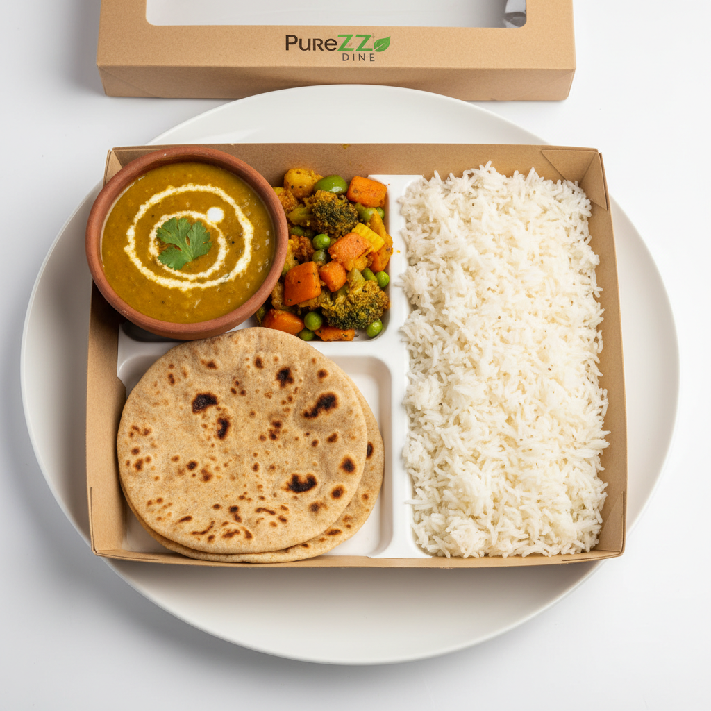 PureZZ Dine meal box with dal, sabzi, roti and rice